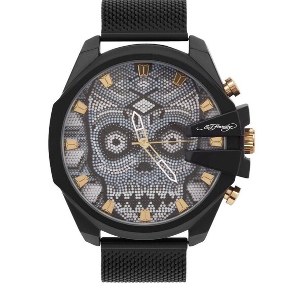 Ed Hardy Singles Men's Beaded Skull 53mm Dial/ Matte Black/White, Metal Band - Picture 1 of 5